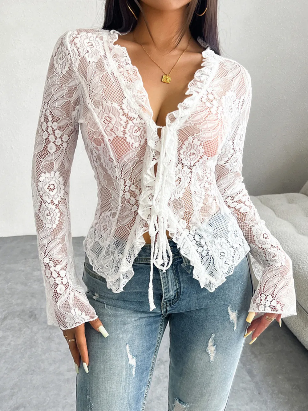 Tie Front Long Sleeve Lace Top, image 11