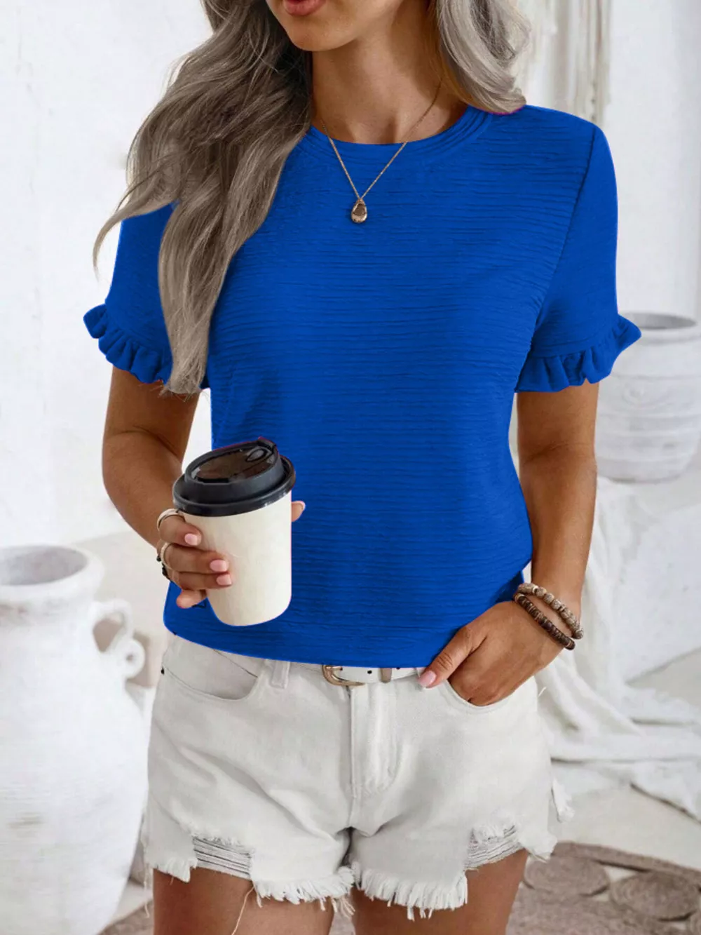 Textured Ruffle Sleeve Round Neck T-Shirt, image 12