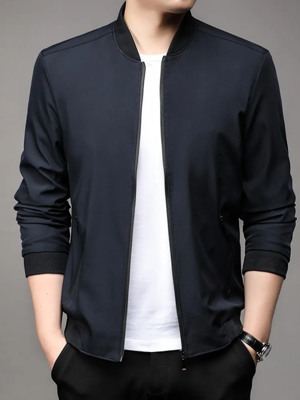 Men's Plus Size Full Zip Front Closure Bomber Jacket with Pockets, image 9