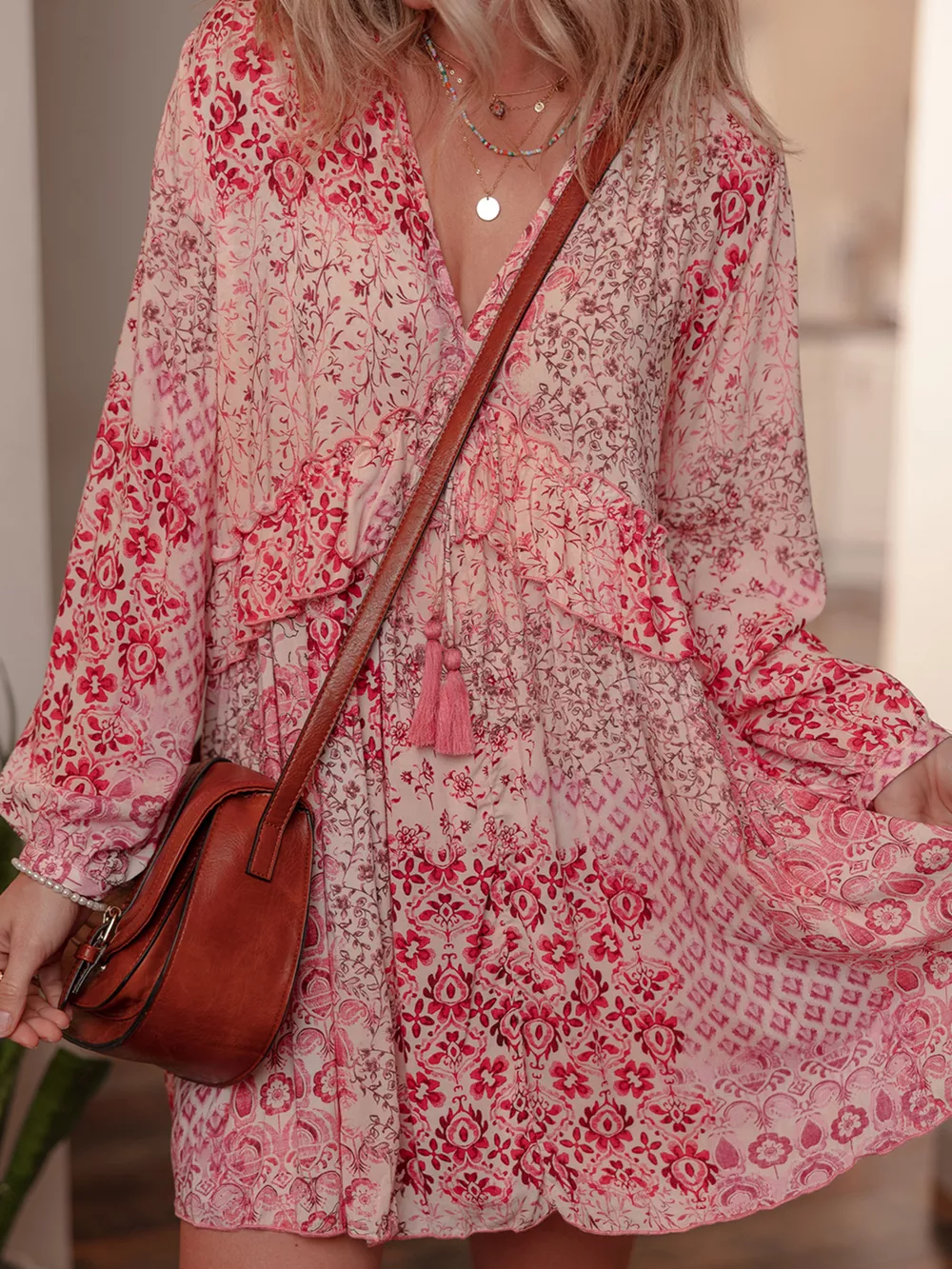 loral Print Tassel Tie Long Sleeve Flowy Mini Dress, image 2