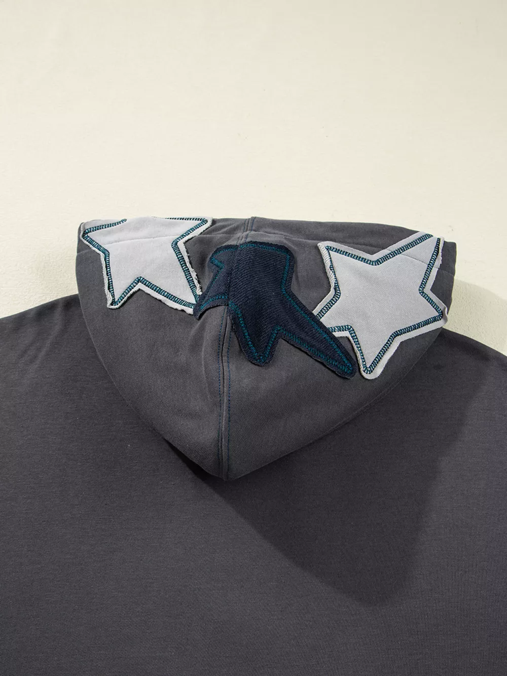 Star Patchwork Contrast Stitching Mineral Wash Kangaroo Pocket Hoodie, image 2