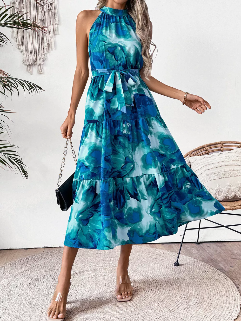 Floral Tie-Waist Tiered Midi Dress, image 2