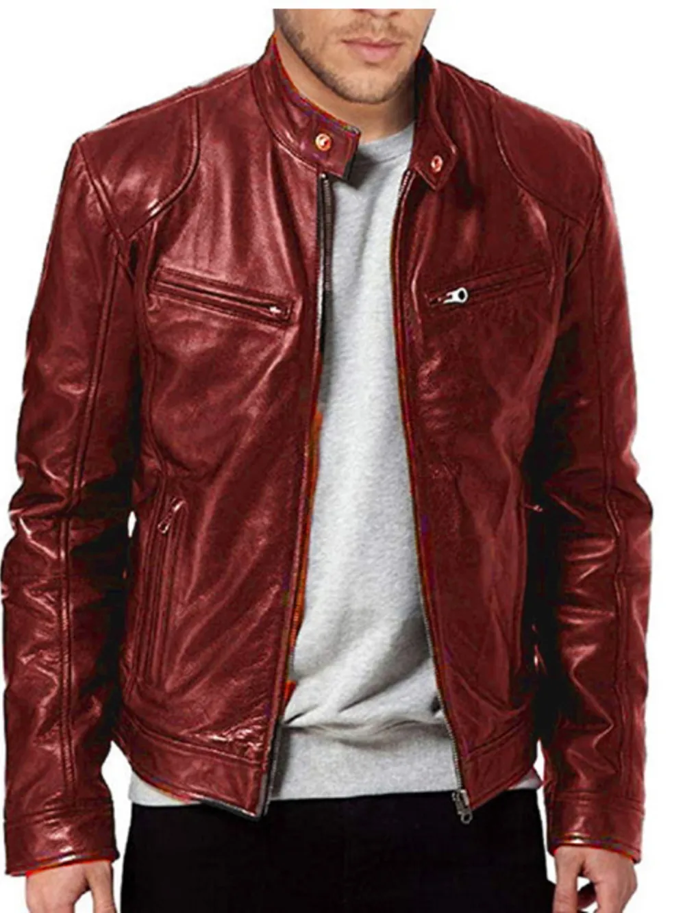 Men's Zip Up Leather Biker Jacket, image 2