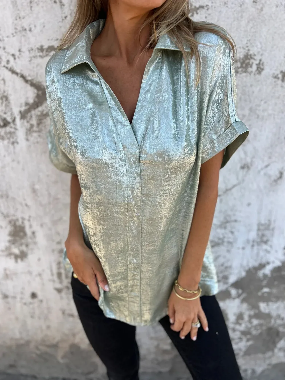 Full Size Collared Neck Short Sleeve Shirt Plus Size, image 9