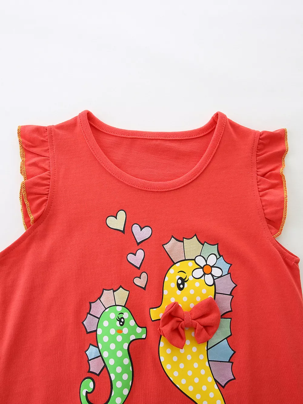 Children's Seahorse Ruffle Sleeve Top and Rainbow Striped Shorts Set, image 3