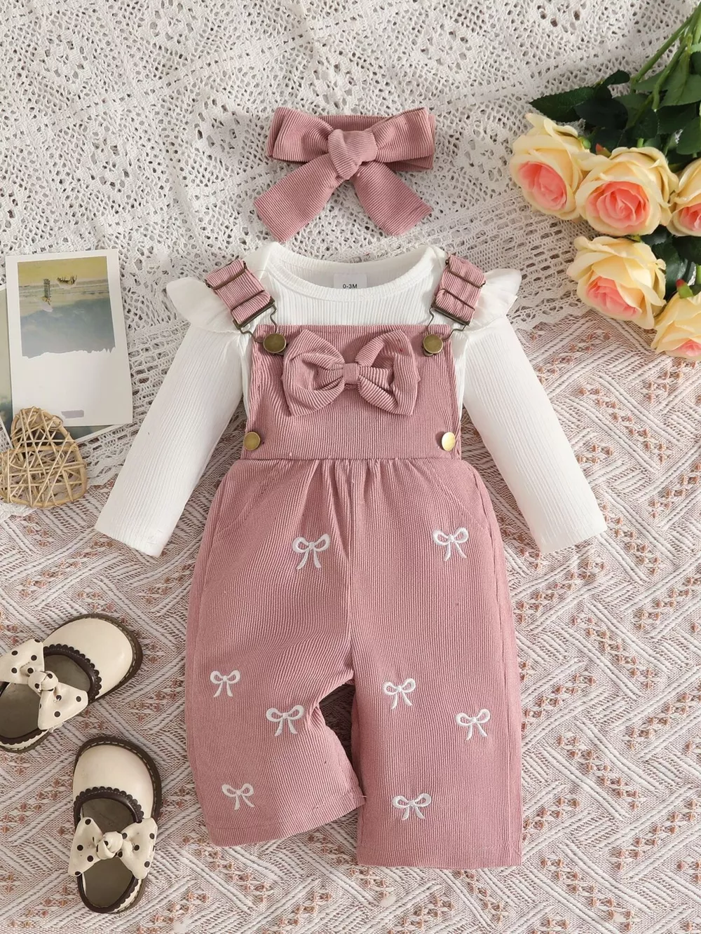 Children's Ribbed Bodysuit and Bow-Embroidered Overall Set with Headband, image 5