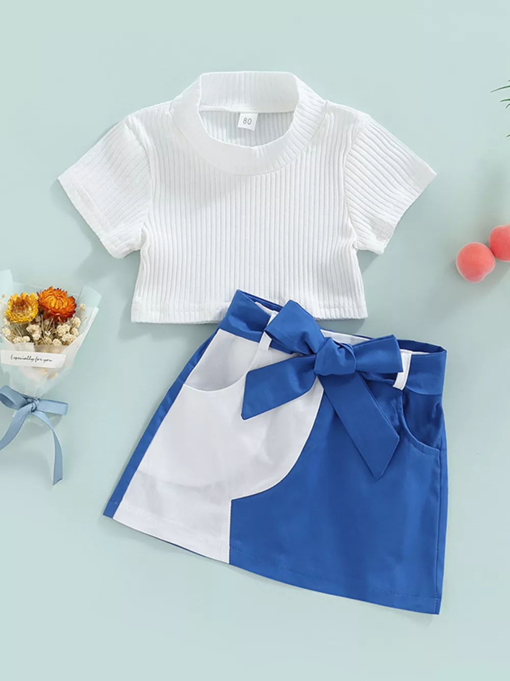 Children's Ribbed Knit Top & Bow Decor Skirt Set, image 6