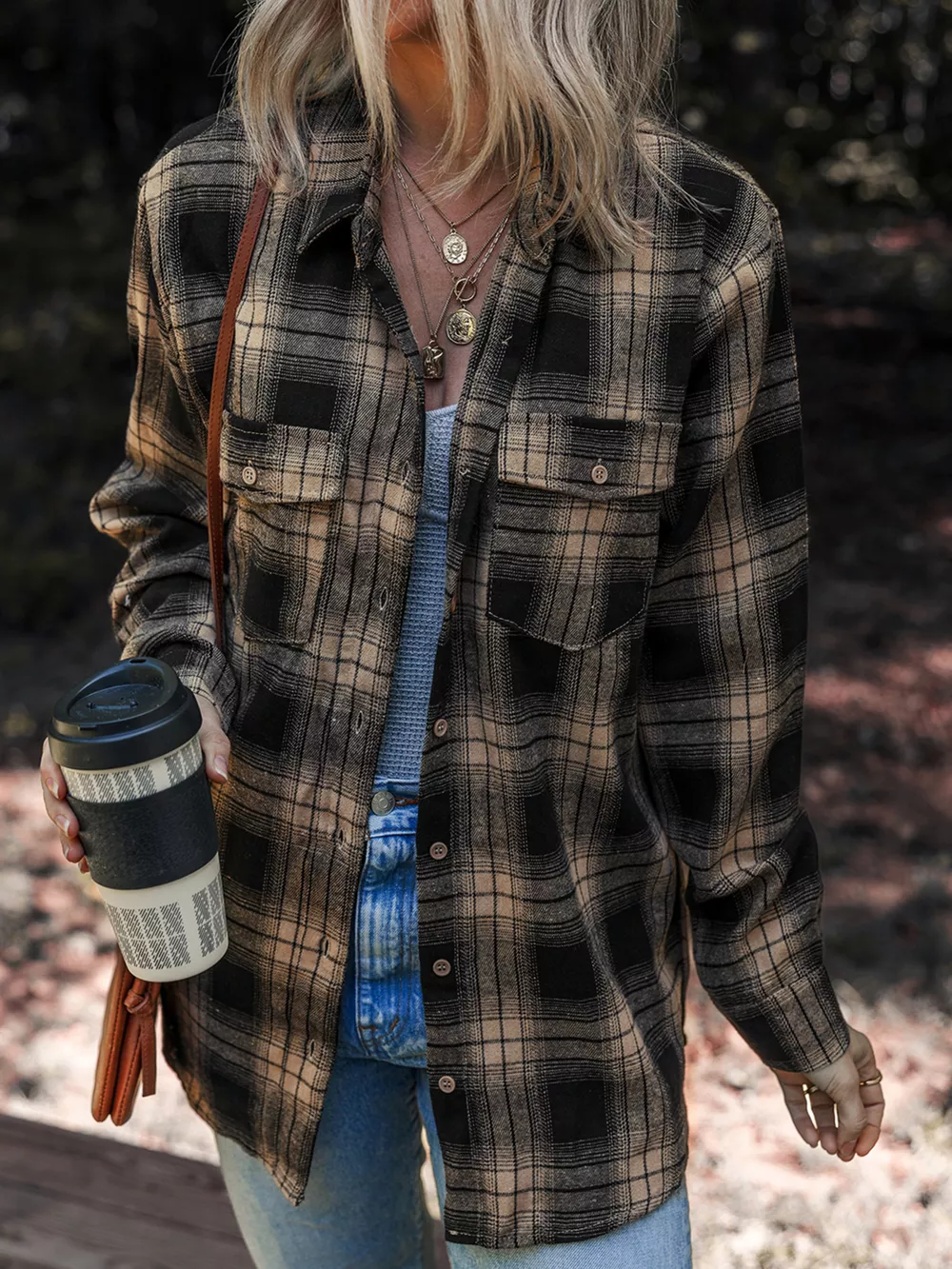 Plaid Double Flap Pocket Brushed Shacket