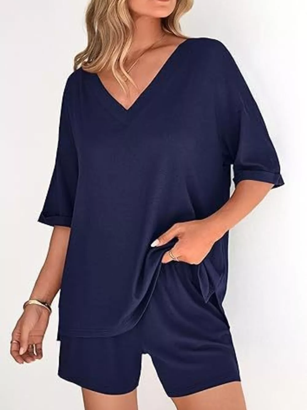 Solid Color V-Neck and Shorts Set, image 10