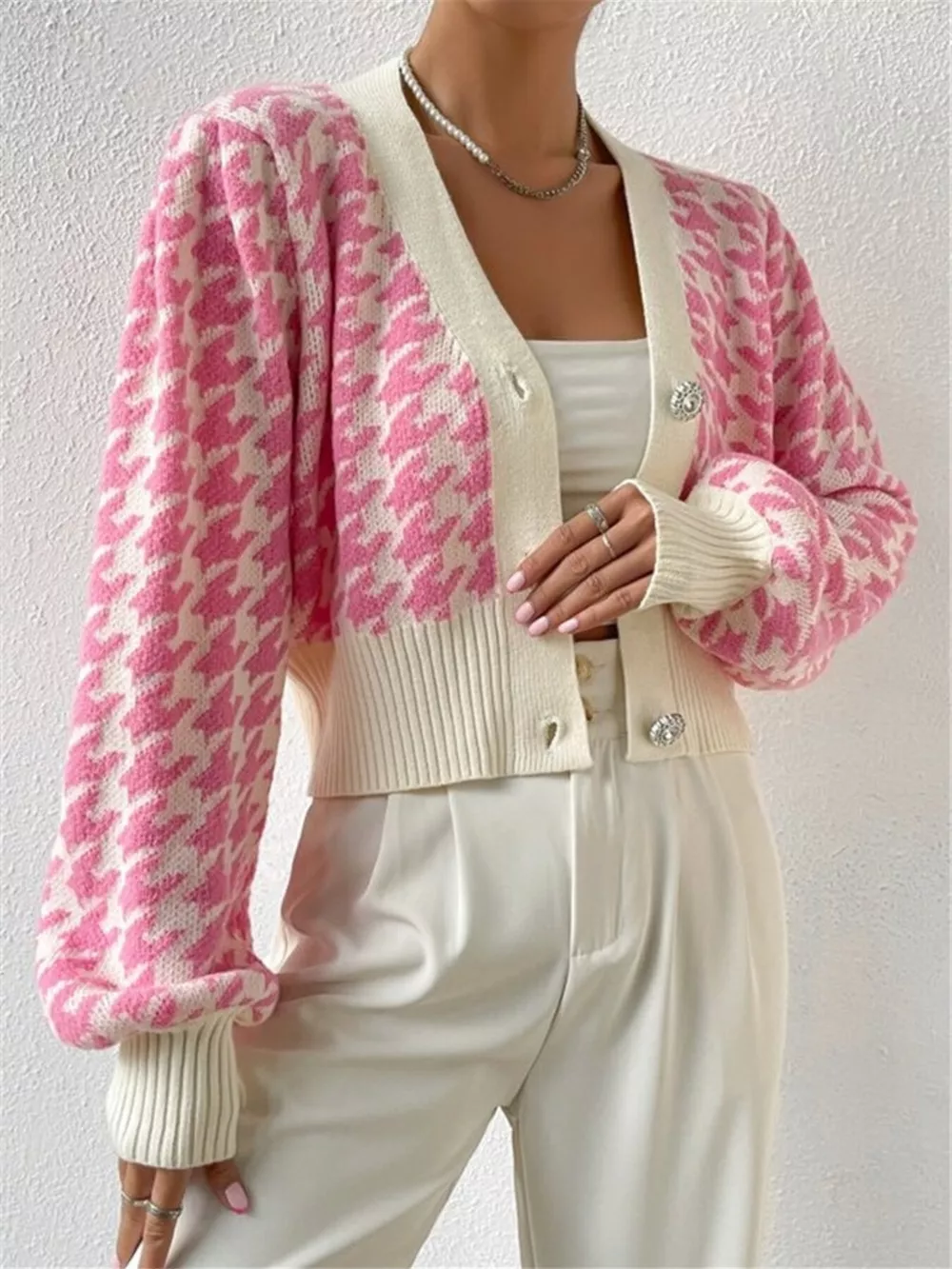 Houndstooth V-Neck Button Up Cardigan, image 3