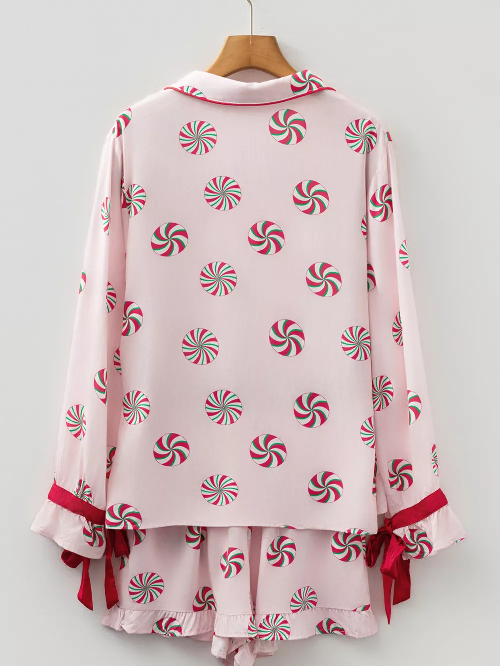 Christmas Candy Contrast Trim Bow Knot Top and Shorts 2pcs Pajama Set, image 3