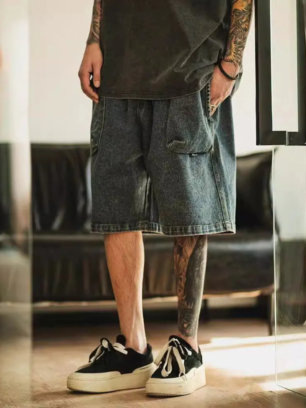 Men's Washed Loose Fit Denim Shorts, image 2