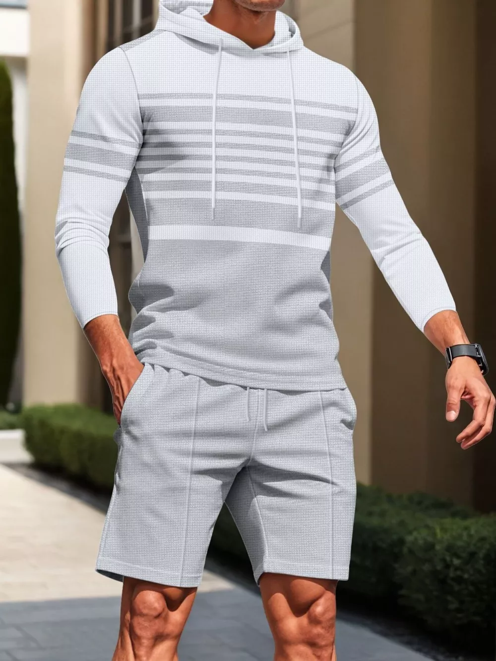 Men's Full Size Striped Hoodie & Shorts Casual Set Plus Size, image 3
