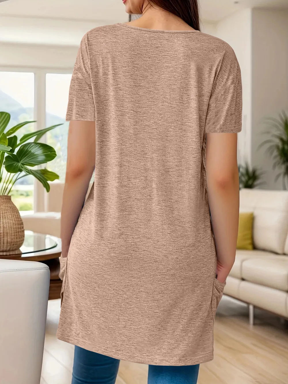 Full Size V-Neck Pocket Front Asymmetric Hem T-Shirt Plus Size, image 14