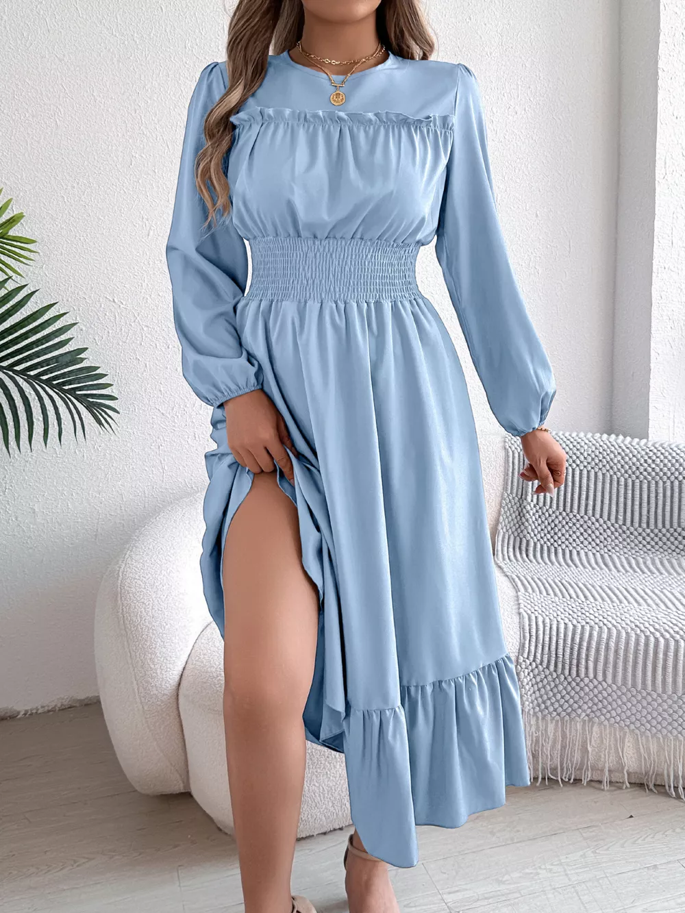 Round Neck Balloon Sleeve Tiered Dress, image 2