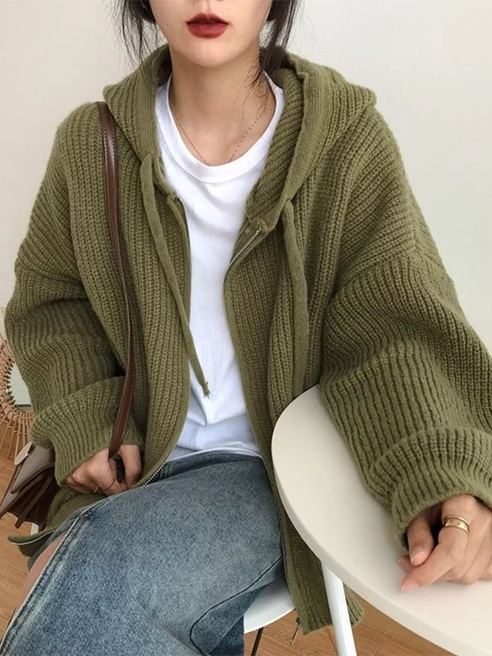 Casual Knitted Zip-Up Hooded Cardigan, image 2