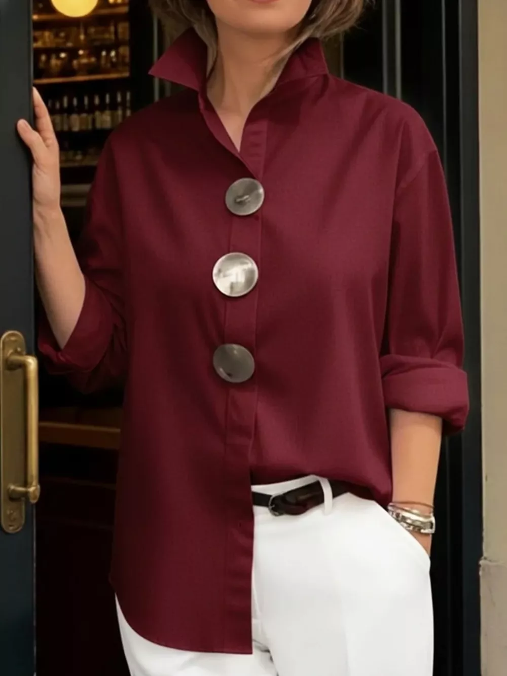 Full Size Oversized Metal Button Long Sleeve Shirt Plus Size, image 5