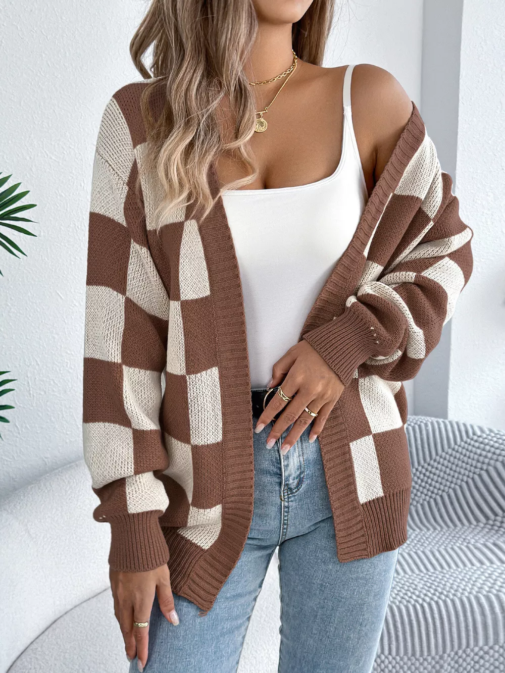Checkerboard Pattern Open Front Knit Cardigan, image 5