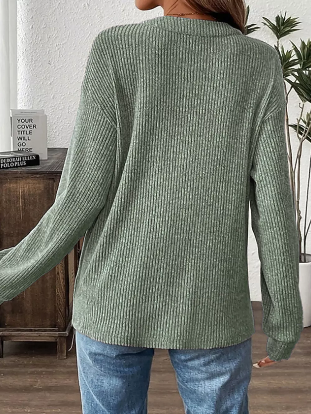 Ribbed Button Detail Long Sleeve T-Shirt, image 3