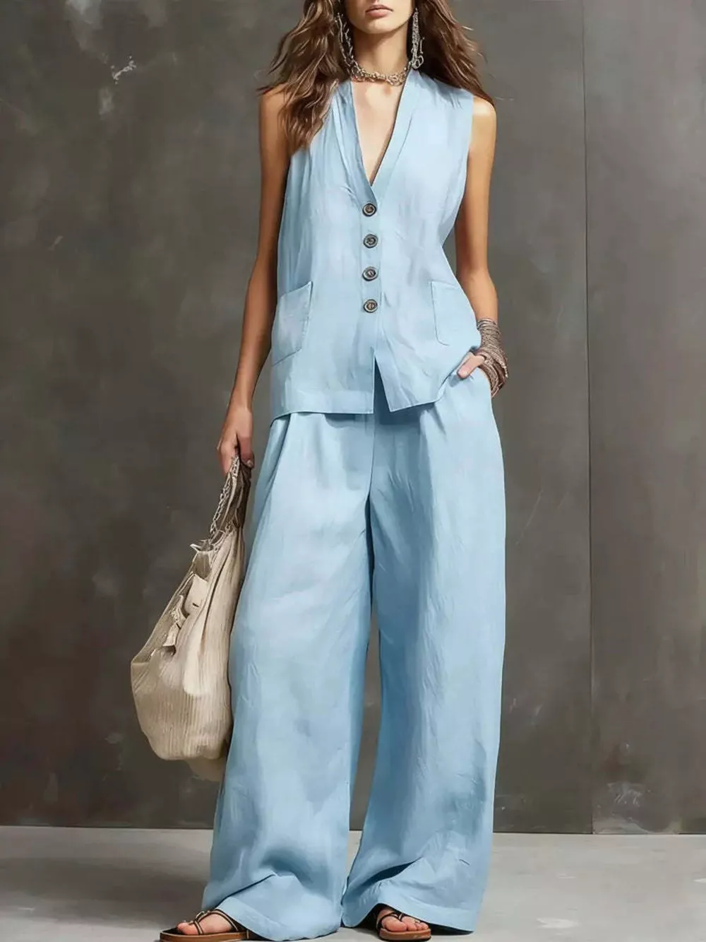 Full Size Sleeveless Vest and Wide-Leg Pants Set Plus SIze, image 4