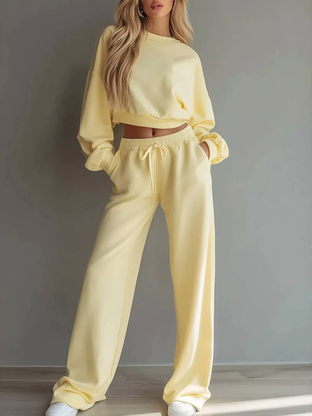 Round Neck Cropped Sweatshirt and Wide-Leg Pants Set