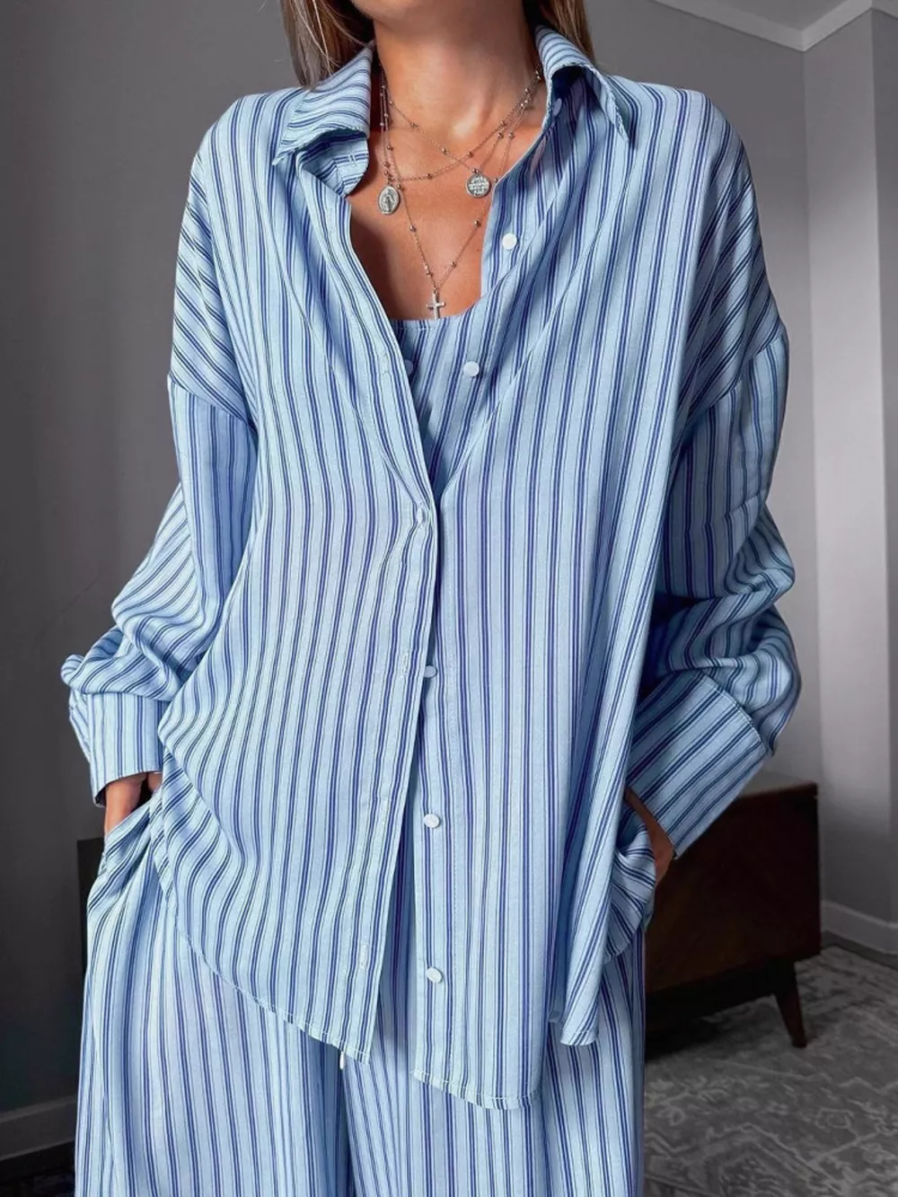 Striped Cami & Shirt and Pants Lounge Set