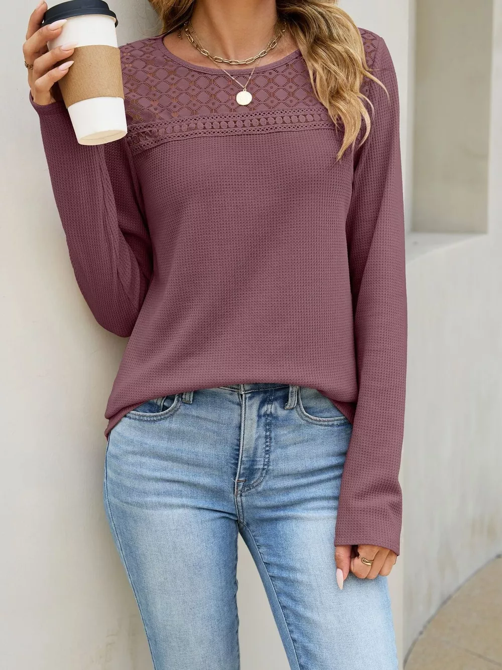 Lace Panel Waffle Knit Long Sleeve T-Shirt, image 12
