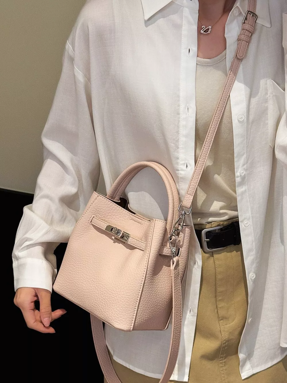 Leather Bucket Crossbody Bag, image 6