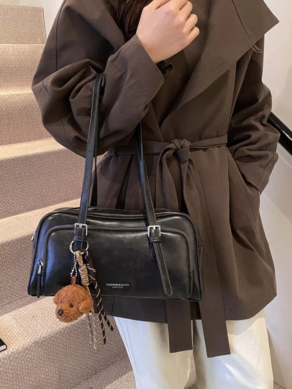 Vintage Style Leather Shoulder Bag with Charm, image 2