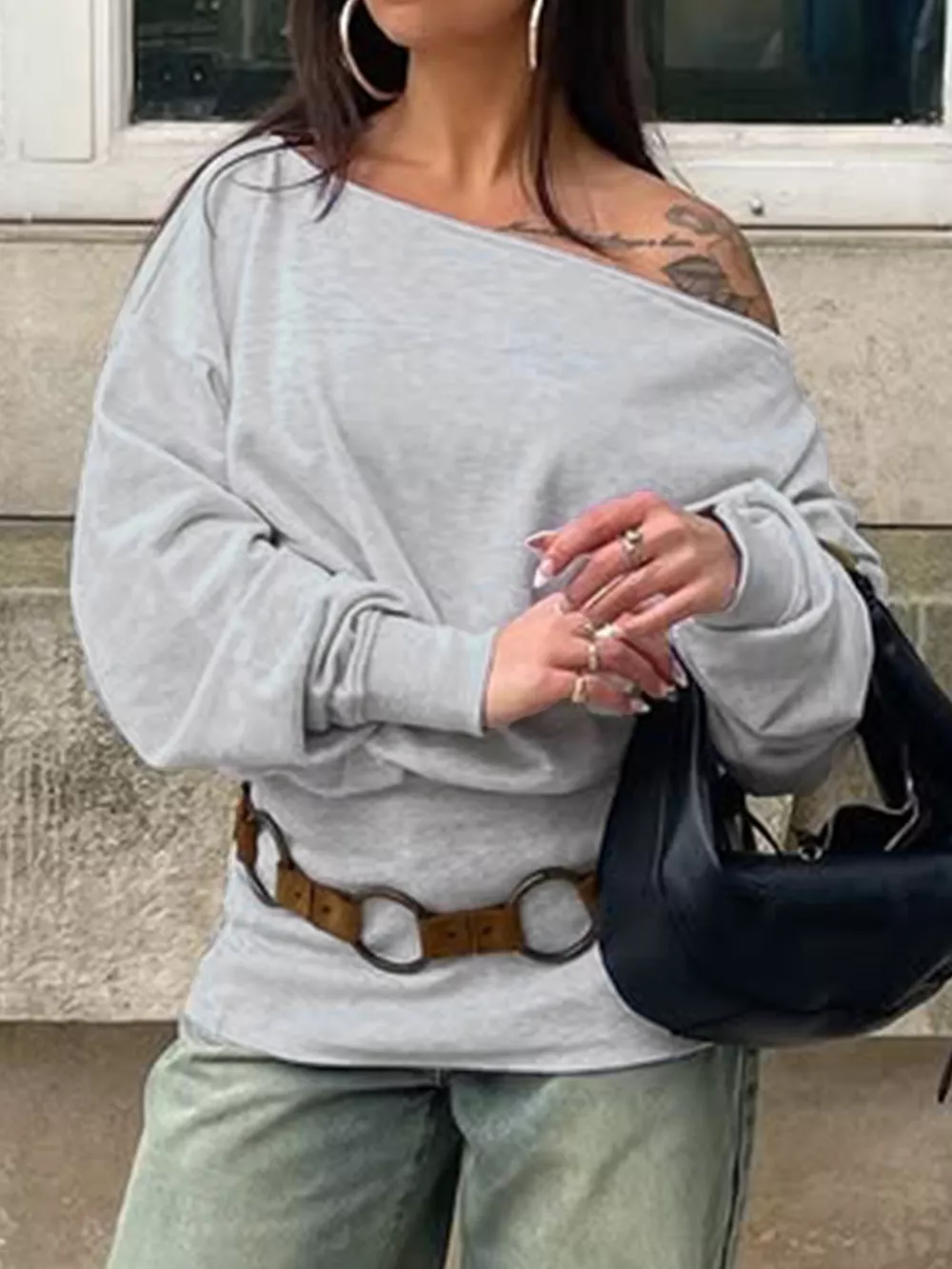One Shoulder Long Sleeve Casual T-Shirt, image 3