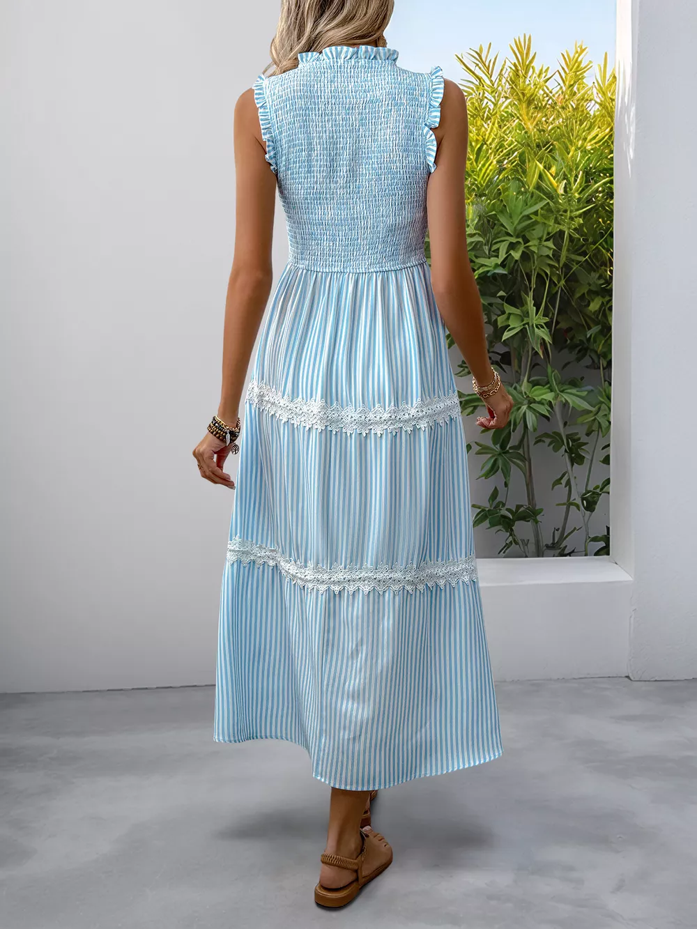 Striped Smocked Sleeveless Tiered Midi Dress, image 6