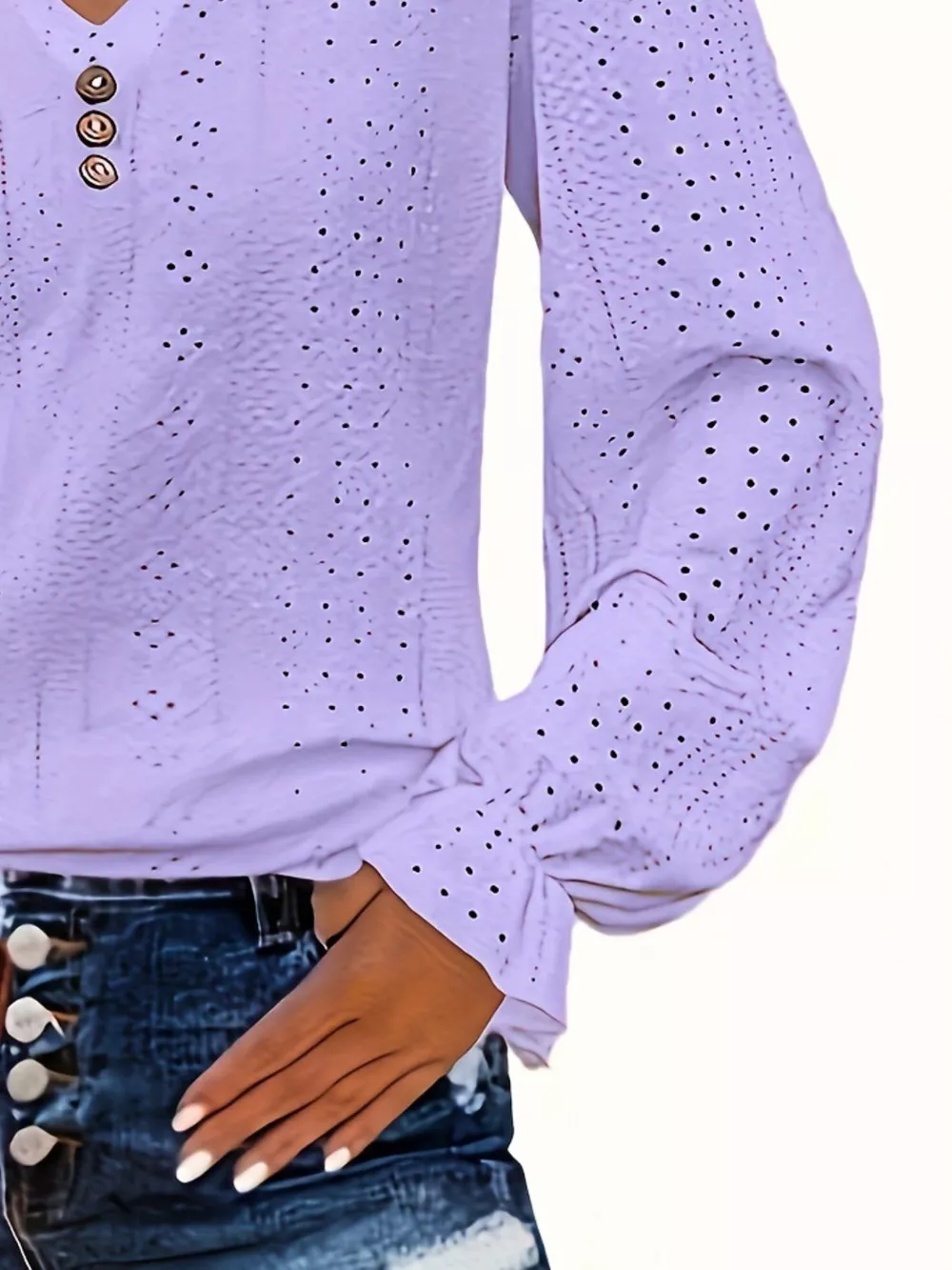 Plus Size Eyelet V-Neck Flounce Sleeve Blouse, image 8