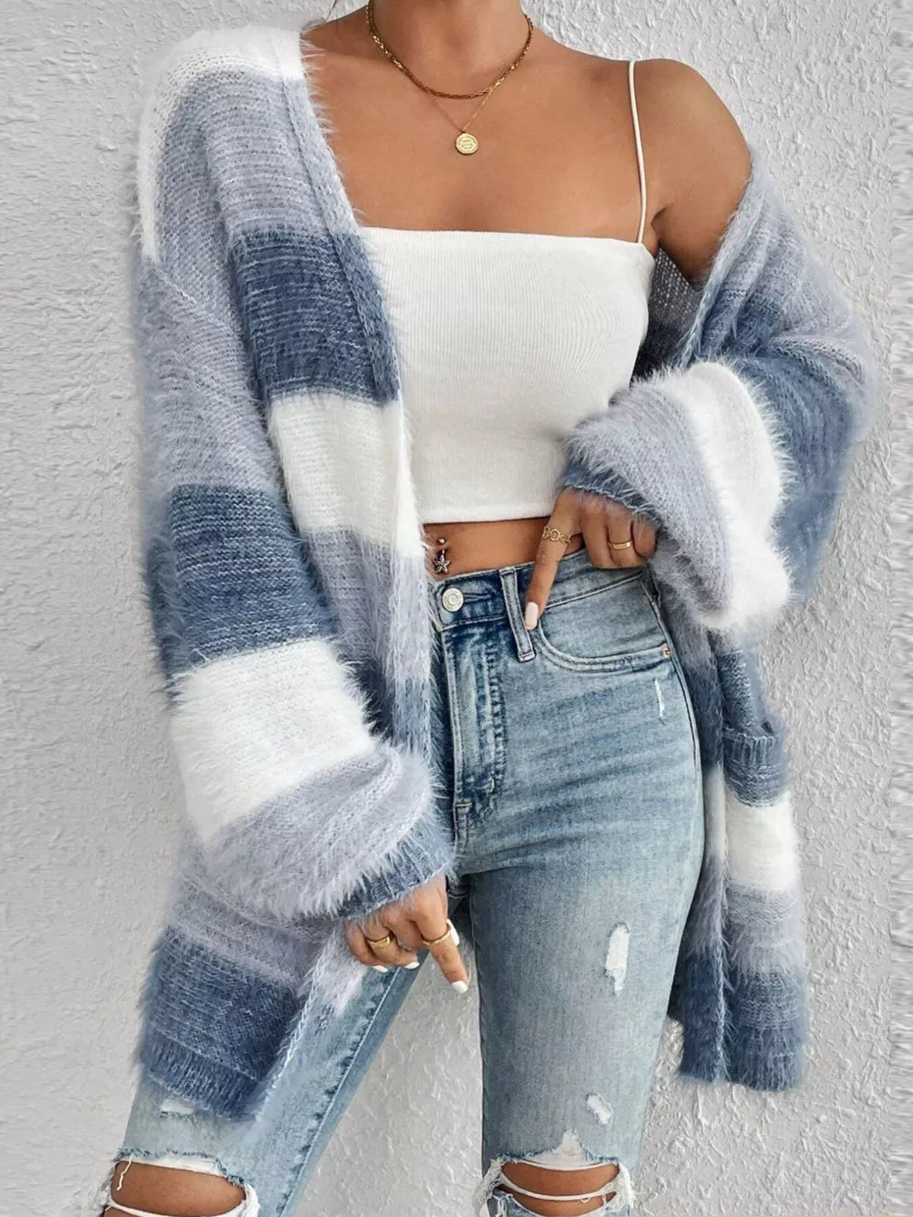 Striped Open Front Oversized Cardigan, image 3