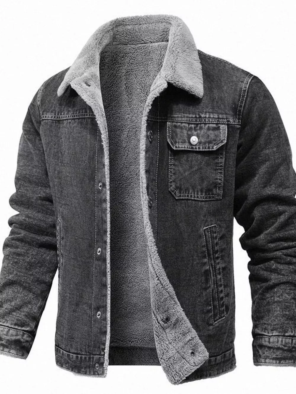 Men's Plus Size Button Up Sherpa Lined Denim Jacket, image 3