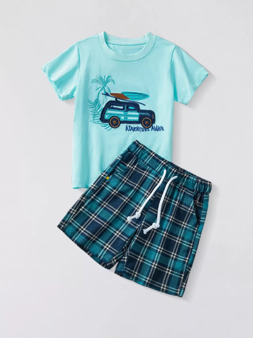 Children's Car Graphic Short Sleeve Tee and Plaid Shorts Set