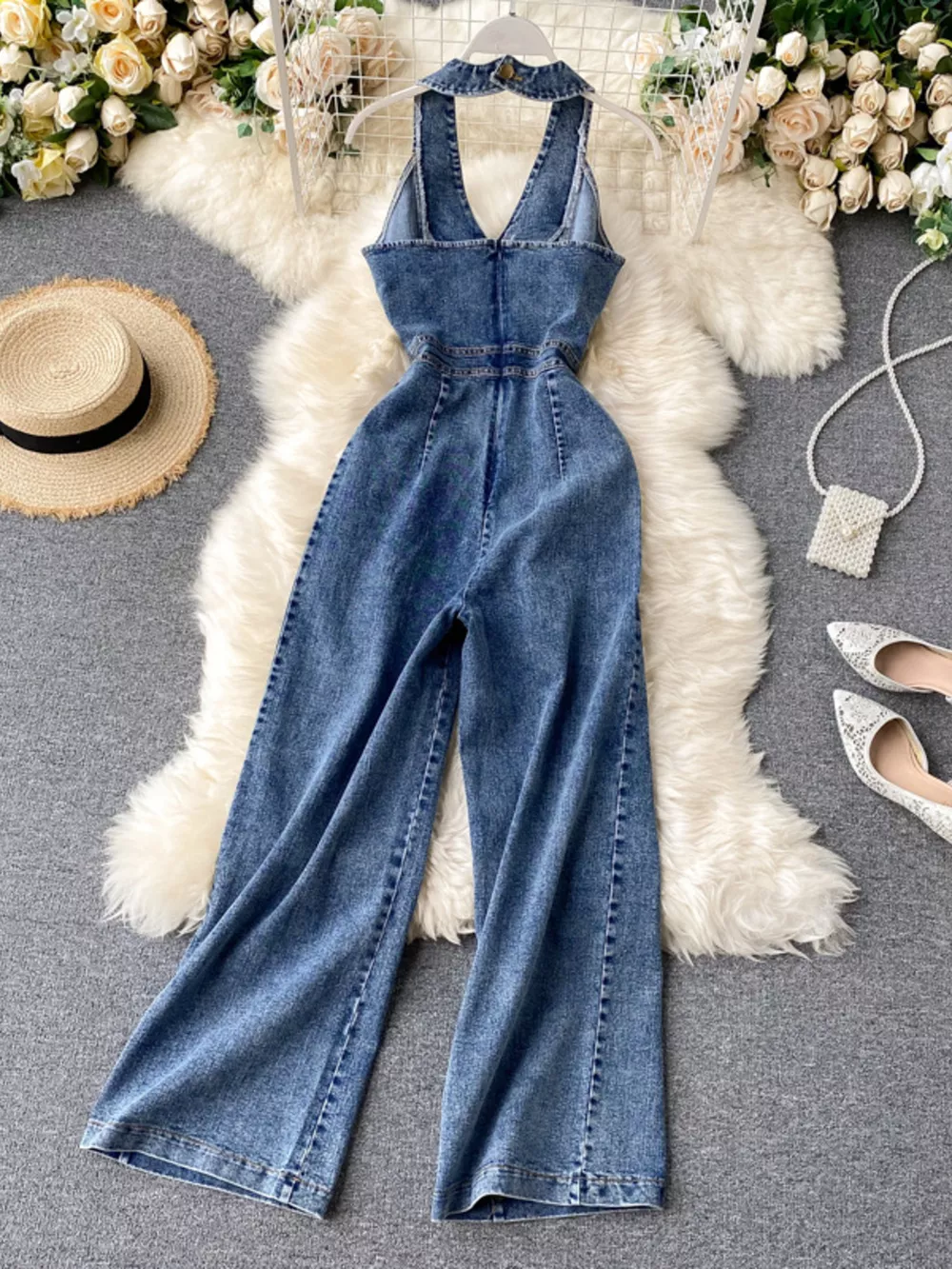 Halter Neck Wide Leg Denim Jumpsuit, image 6
