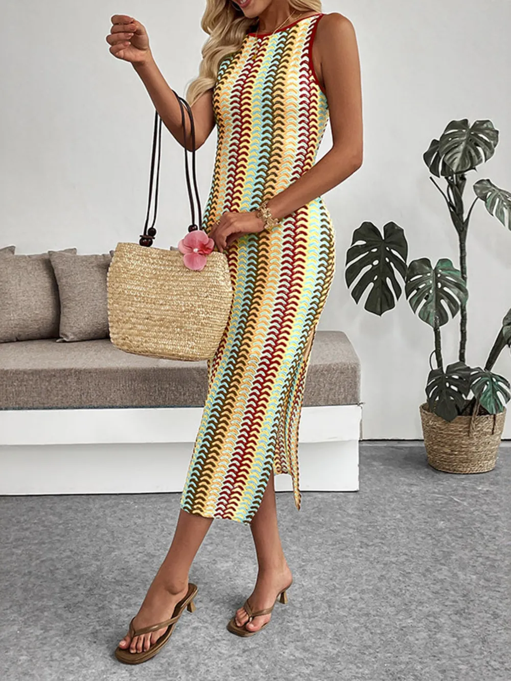 Sleeveless Chevron Pattern Sweater Dress, image 2
