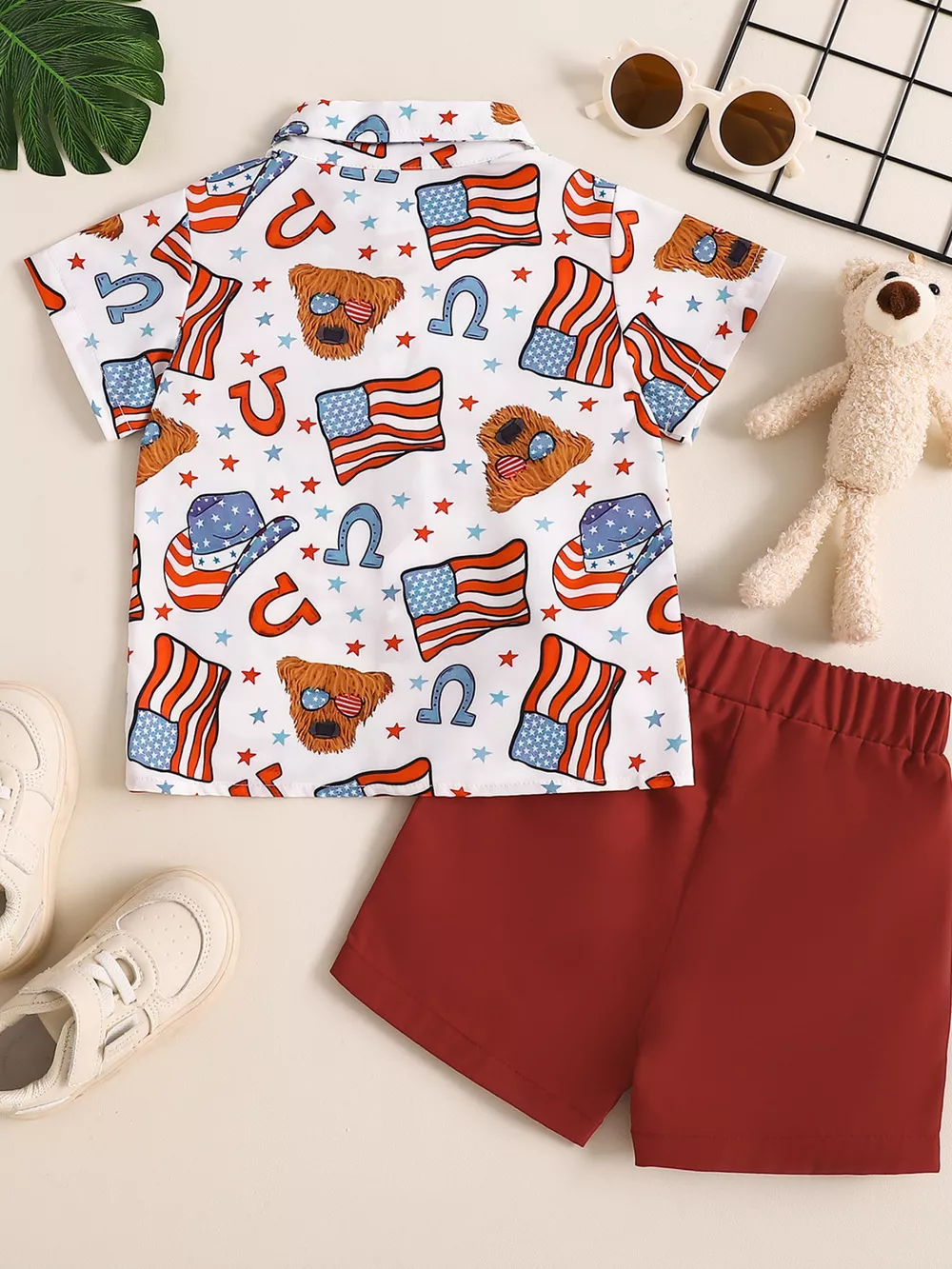 Children's American Flag Print Bow Tie Shirt & Shorts Set, image 12