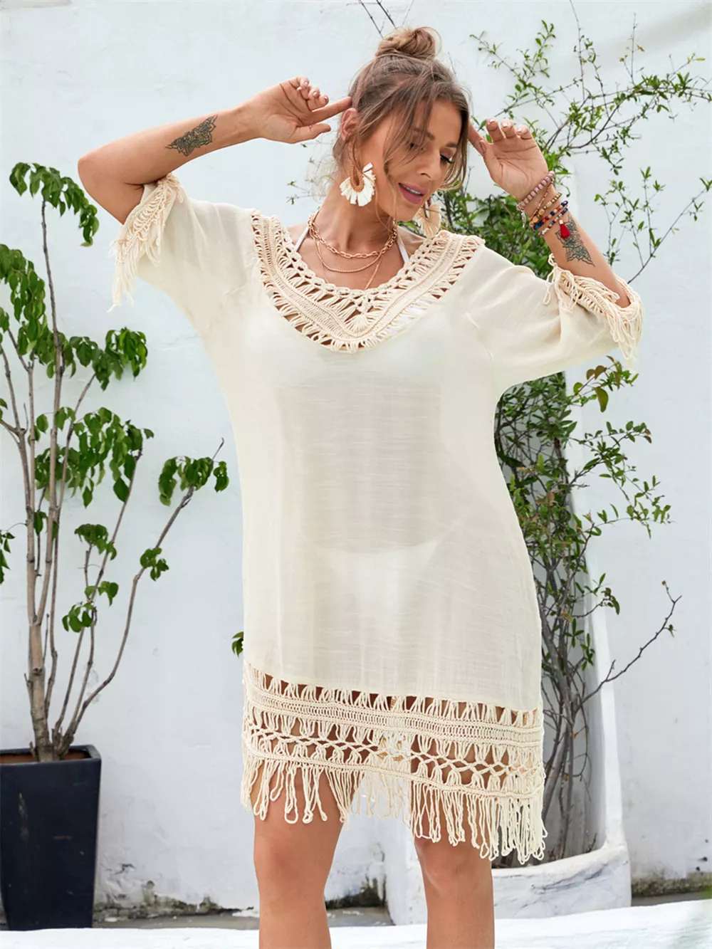 Fringe Crochet V-Neck Cover-Up Dress, image 3