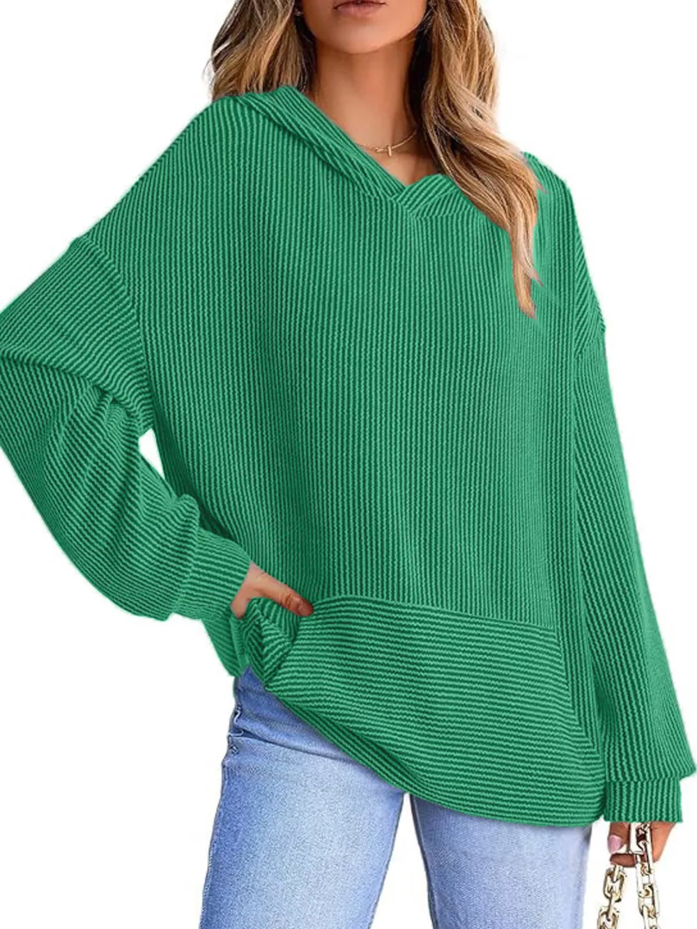Ribbed Oversized Hoodie Sweatshirt with Pocket, image 7