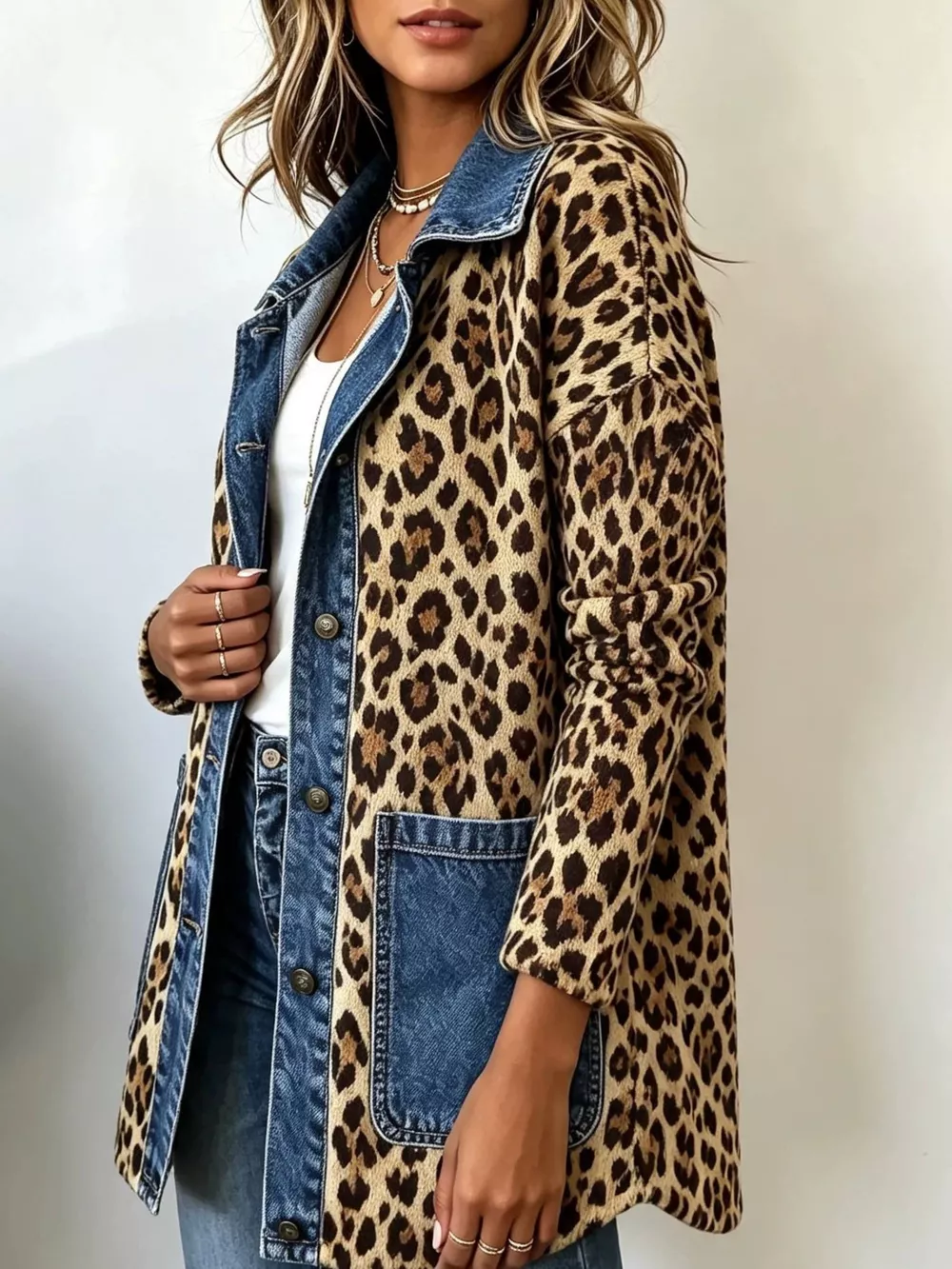 Full Size Leopard Print Colorblock Jacket Plus Size, image 2