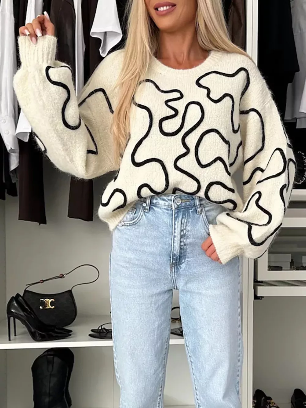 Abstract Pattern Oversized Round Neck Sweater, image 2
