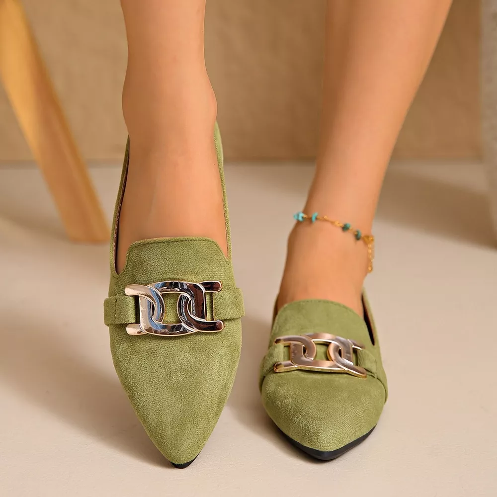 Pointed-Toe Suede Loafers with Metallic Chain Detail, image 2
