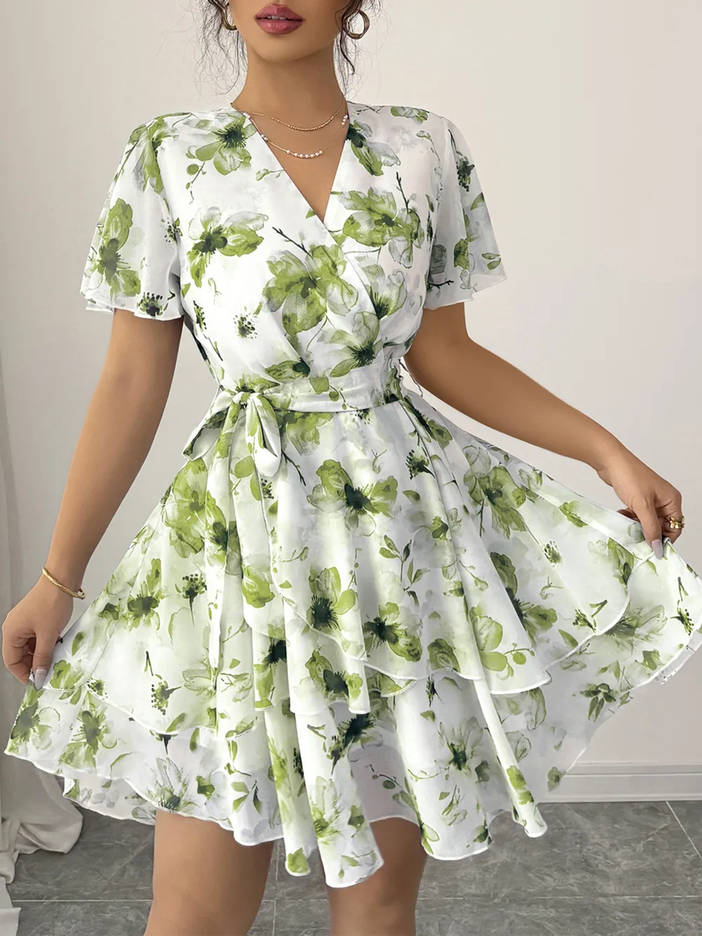 Printed Surplice Layered Mini Dress, image 8