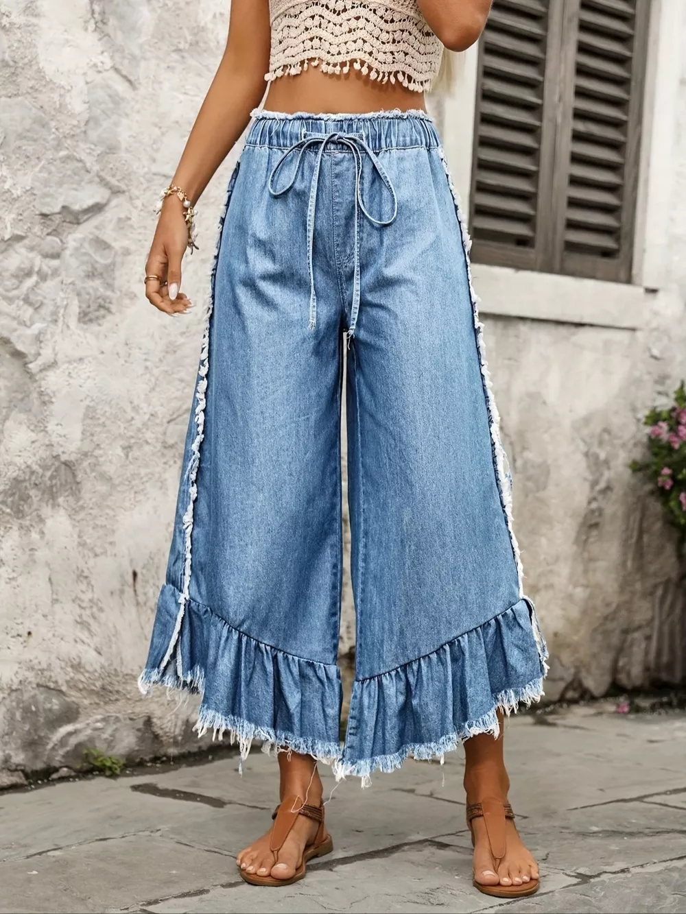 Drawstring Wide-Leg Ruffle Hem Jeans, image 3