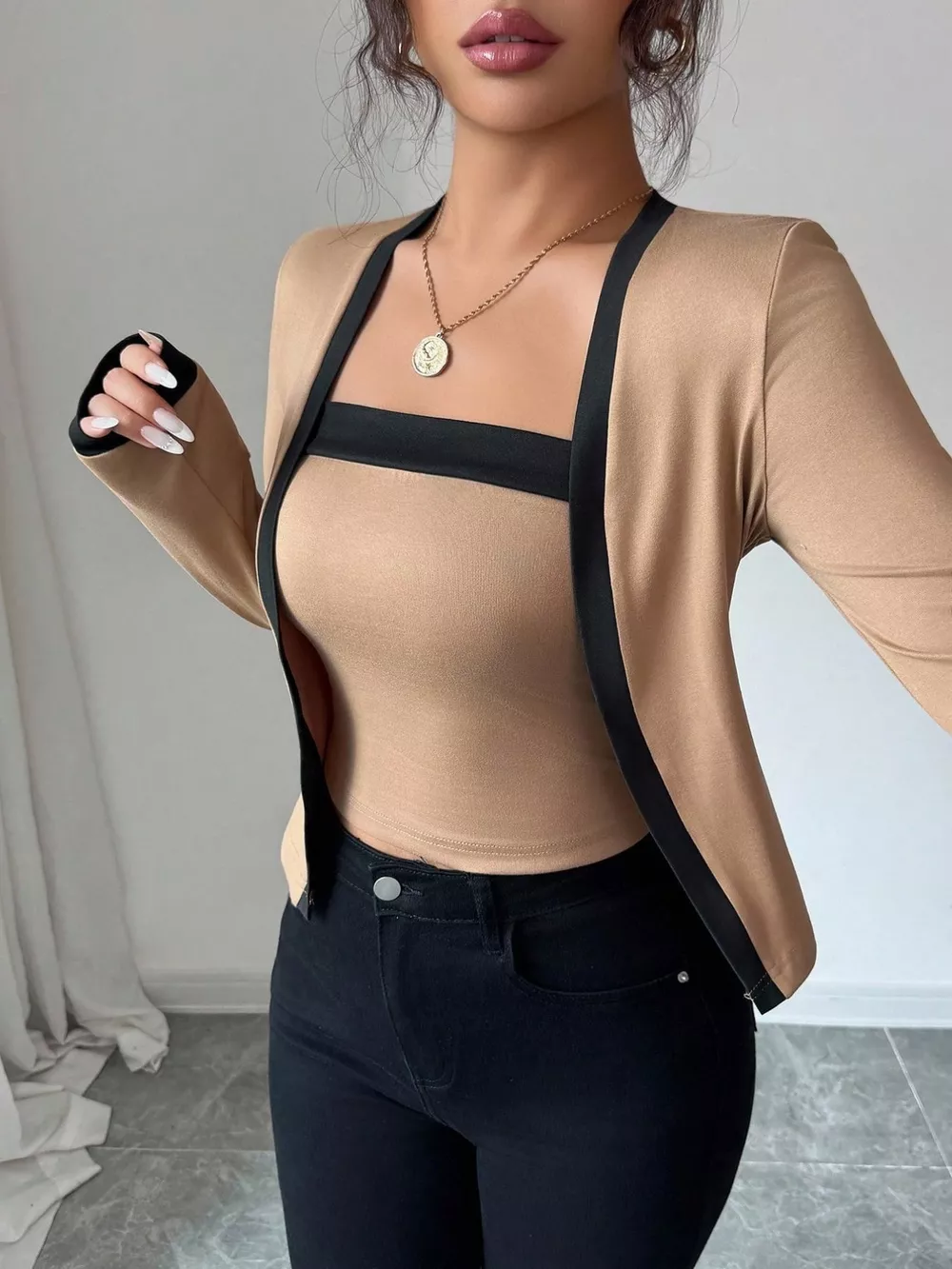 Contrast Trim Cardigan & Tank Top Set, image 5