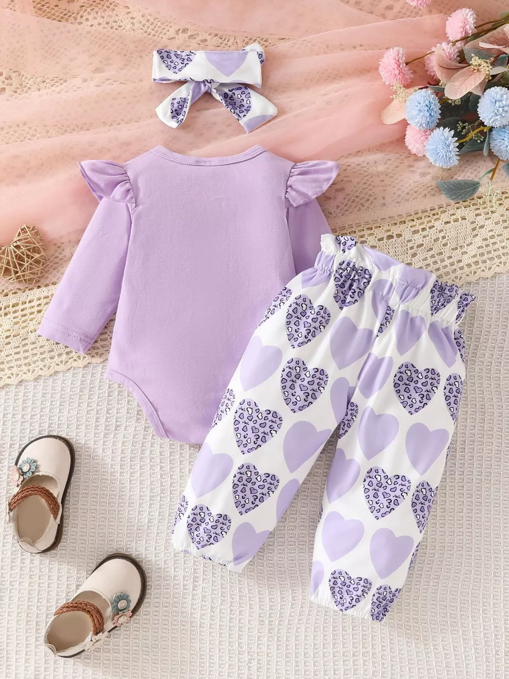 Children's Graphic Ruffled Top and Pants Set with Headband, image 7