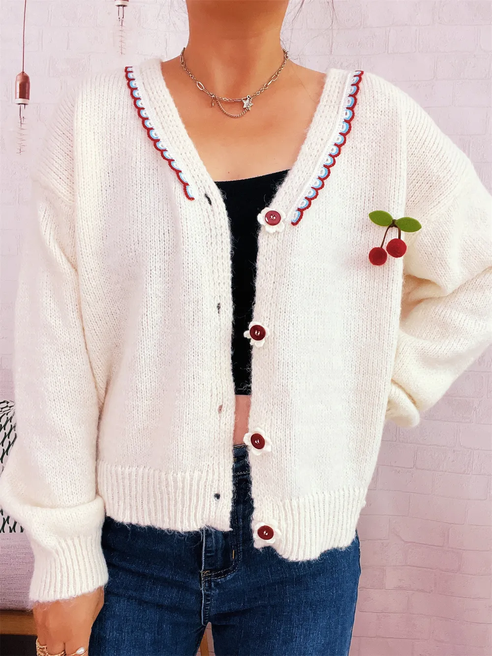 Cherry Button-Front Long Sleeve Cardigan, image 10