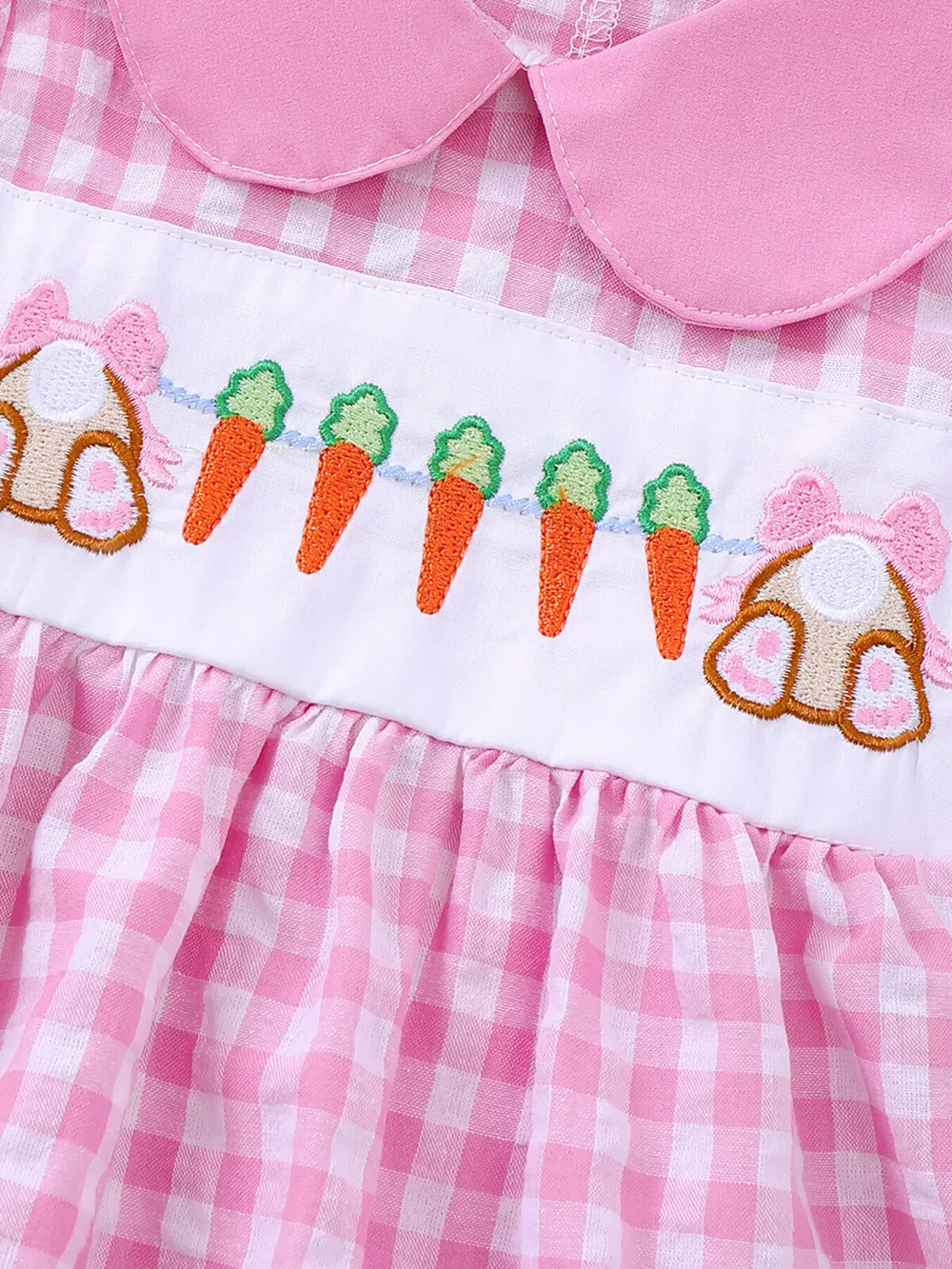 Children's Gingham Bunny & Carrot Embroidered Peter Pan Collar Smocked Dress, image 3