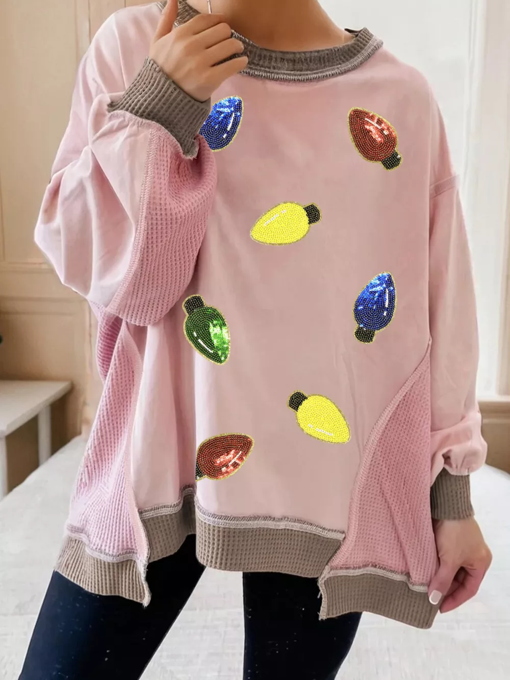 Waffle Color Block Patchwork Sequin Christmas Light Bulb Loose Sweatshirt